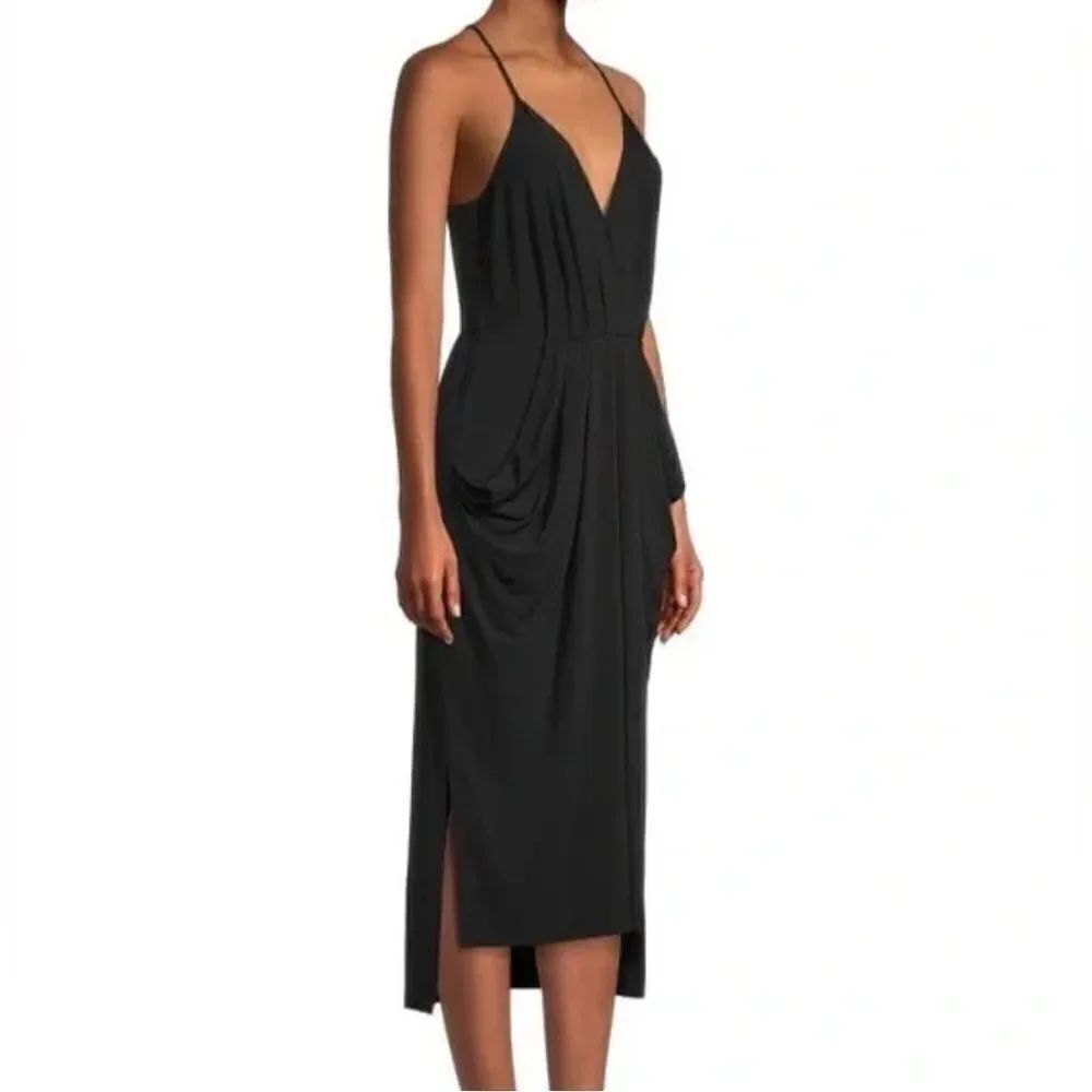BCBGeneration black draped Della spaghetti strap halter keyhole midi dress
